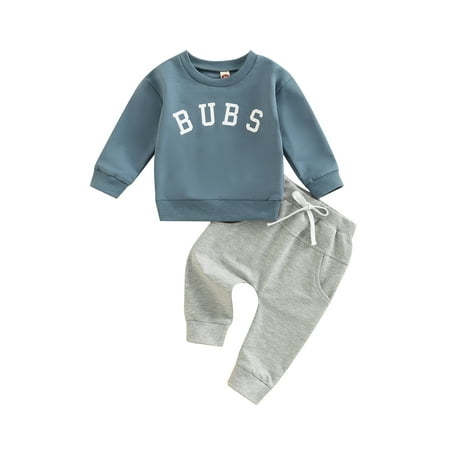 

wybzd Baby Boys Autumn 2Pcs Sweatshirt Set Letter Print Round Neck Long Sleeve Pullover Tops+ Solid Color Long Pants 0-3 Years
