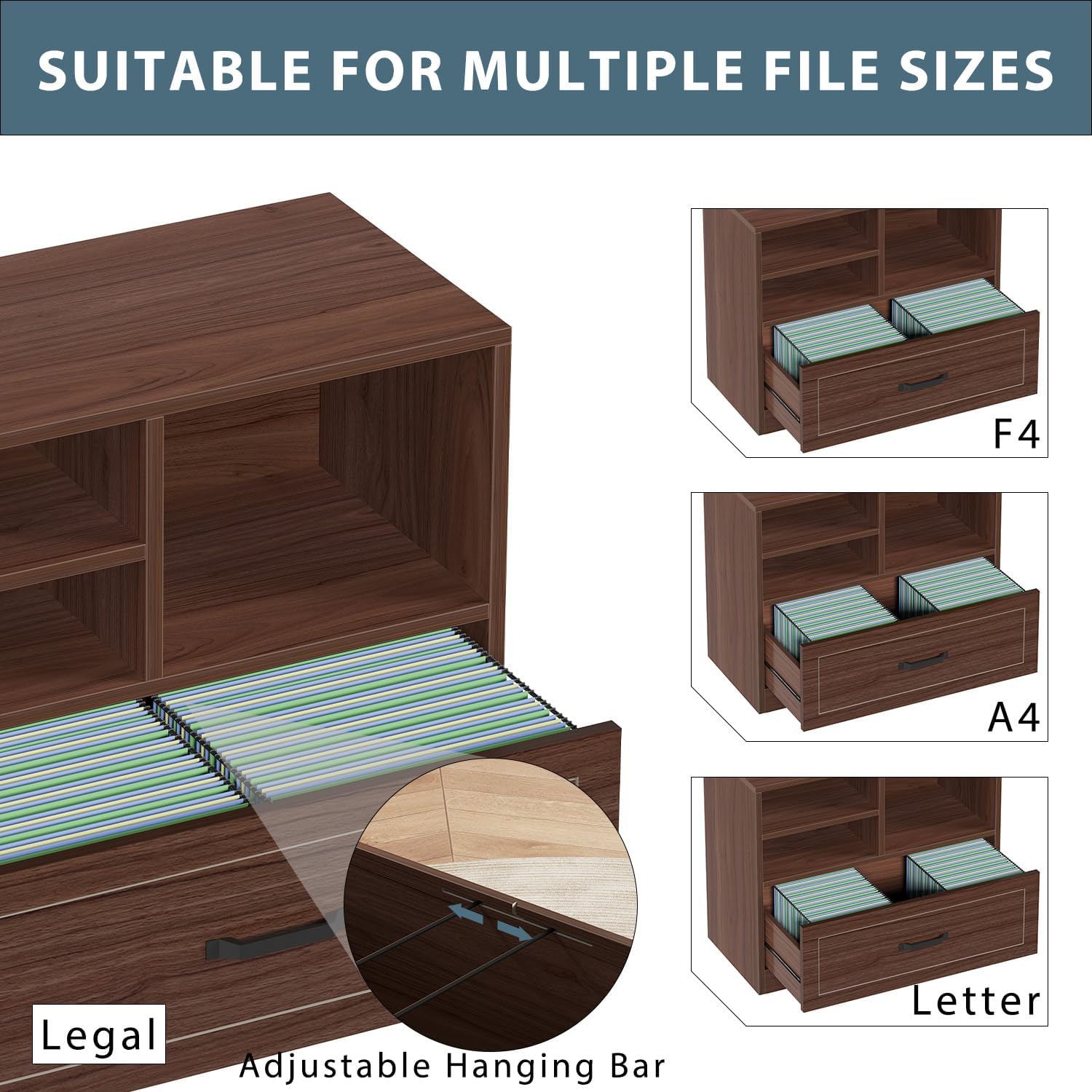 LVB Wood Lateral Filing Cabinet Drawer, Farmhouse File Cabinet Printer Stand with Storage Shelves, Printer Cabinet Fits A4 Letter Legal Size with Hanging File Folder for Home Office, 32.7" Walnut