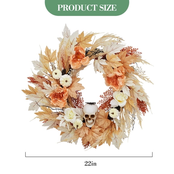 24 in Halloween Wreaths for Front Door.Fall Pumpkin Maple Leaves Wreath with Spooky Skeleton.Fall Halloween Door Decor. Outdoor Wreath for Porch Wall Window Decorations