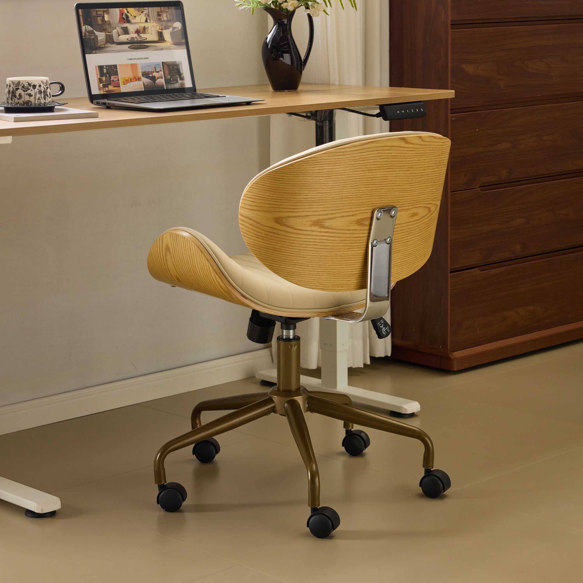Ktaxon Armless Office Chair, Curved Wood Accent Desk Chair with Swivel Seat, PU Task Chair for Study, Makeup Vanity Beige