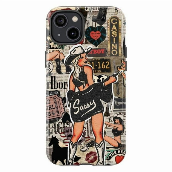 Vintage Cowgirl Pin-Up Phone Case, Retro Western Collage iPhone Cover, Bold Artistic Protective Case for iPhone 16 15 14 13 12 11 Pro Plus Max Mini