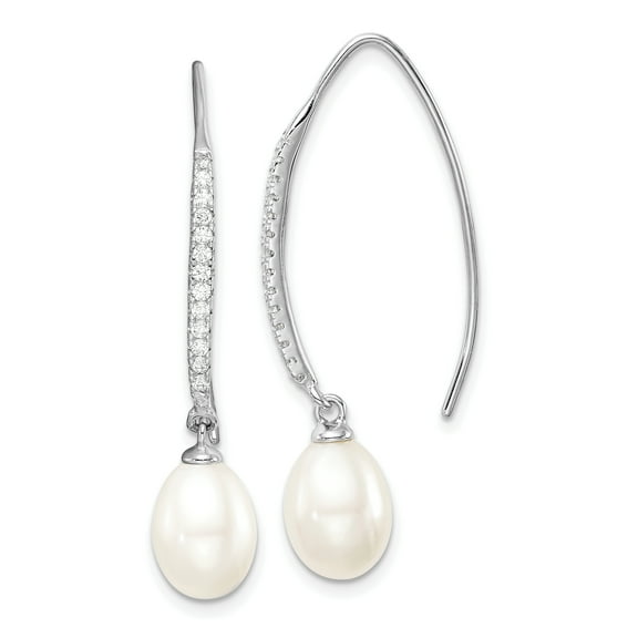 Primal Silver Sterling Silver Rhodium-plated 7-8mm White Rice Freshwater Cultured Pearl Cubic Zirconia Threader Earrings