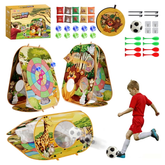 4-in-1 Cornhole Board Set, Toddler Outdoor Games with Bean Bag Toss Game, Soccer Goal, Safe Darts and Throwing Ball Toy, Family Party Games and Outside Toys for Kids Ages 3-8, Boys & Girls