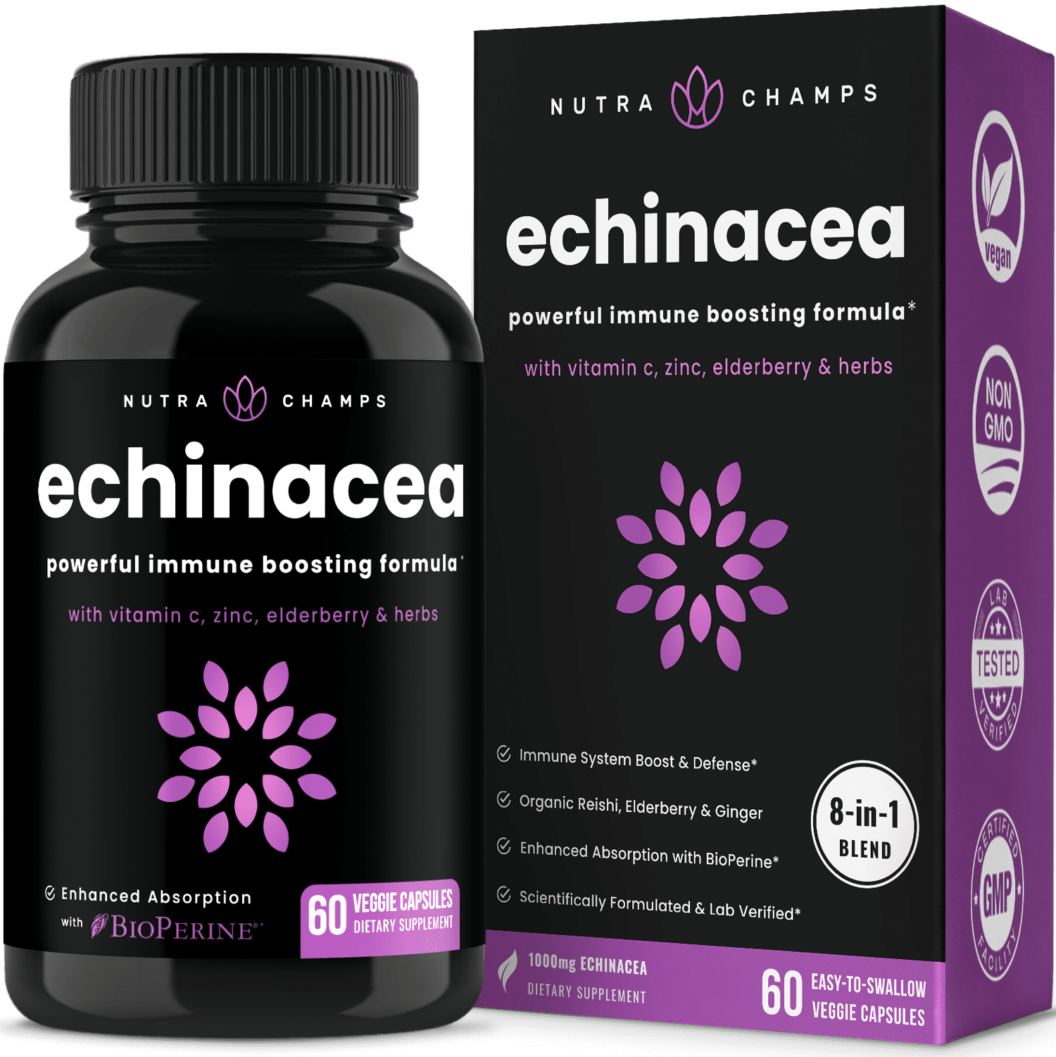 NutraChamps Echinacea Goldenseal 1000mg with Elderberry, Vitamin C, Zinc & Ginger | Immune Boost Vegan Echinacea Capsules with Goldenseal Root & BioPerine for Absorption | Echinacea Root Supplement