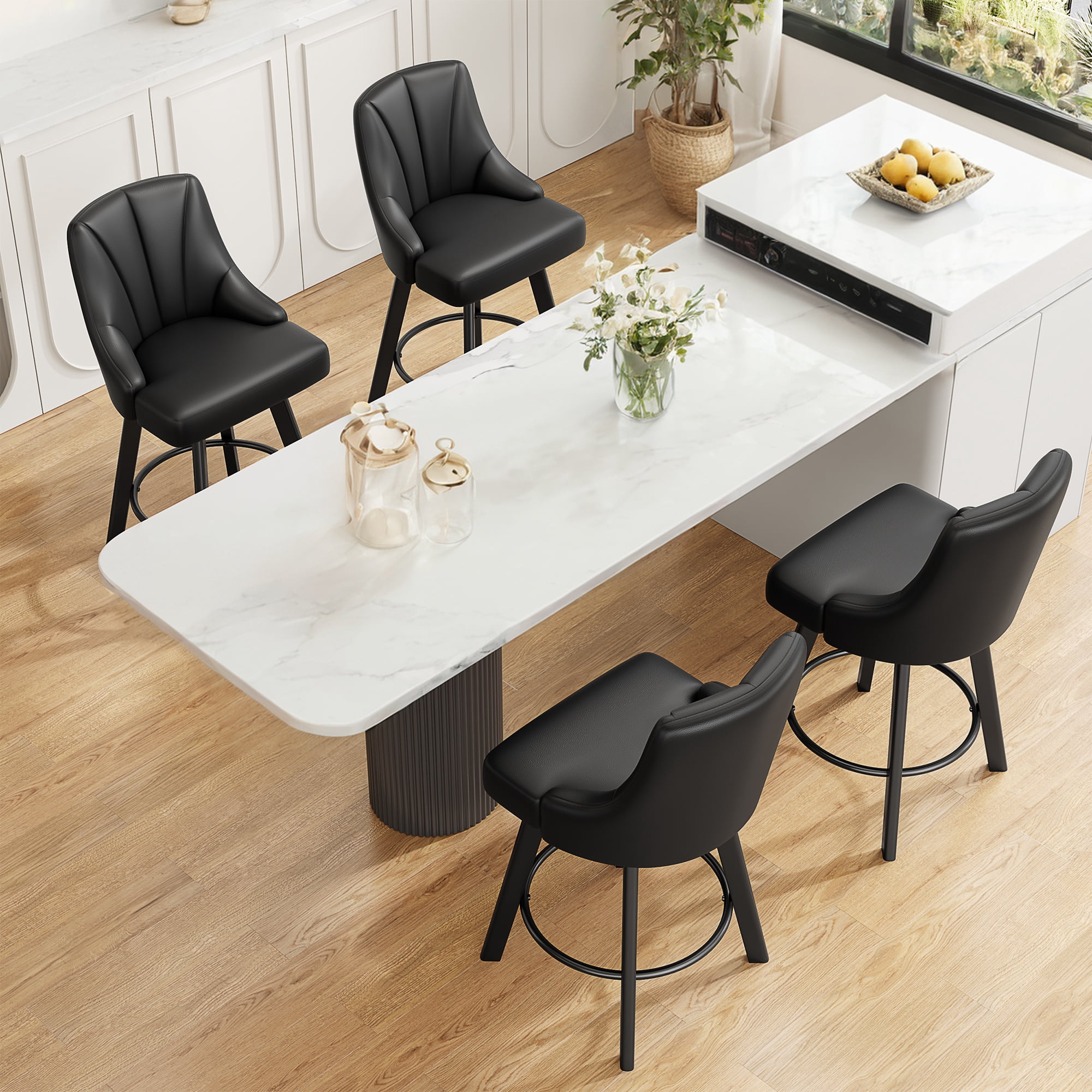 LainTene 24" Counter Height Swivel Bar Stools Set of 6, PU Leather Upholstered Counter Barstools with Solid Wood Legs and Backs for Kitchen Island, Home Bar