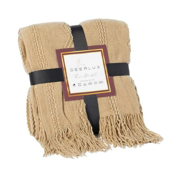 Deerlux 60 x 50 in. Decorative Zigzag Stripe Pattern Knit Throw Blanket with Fringe, Tan