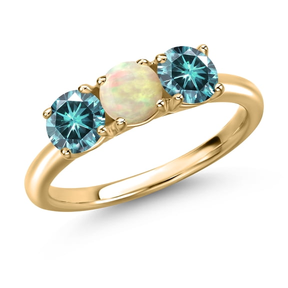 Gem Stone King 10K Yellow Gold White Ethiopian Opal and Blue Moissanite Engagement Ring for Women | 1.30 Cttw | Round Cabochon 5MM | Gemstone October Birthstone | Size 9