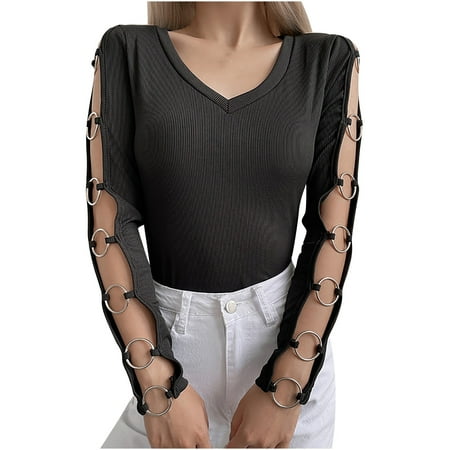 

Ziloco Women s Fashion Street V-neck Steel Ring Stitching Hollow Solid Color Long Sleeve Top corset tops mock neck tops for women Black M