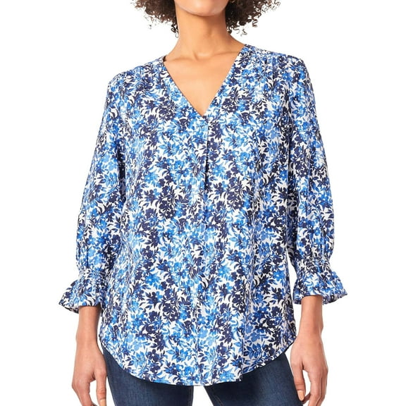 Jones New York Womens Floral Print V Neck Tunic Blouse, Blue, Small