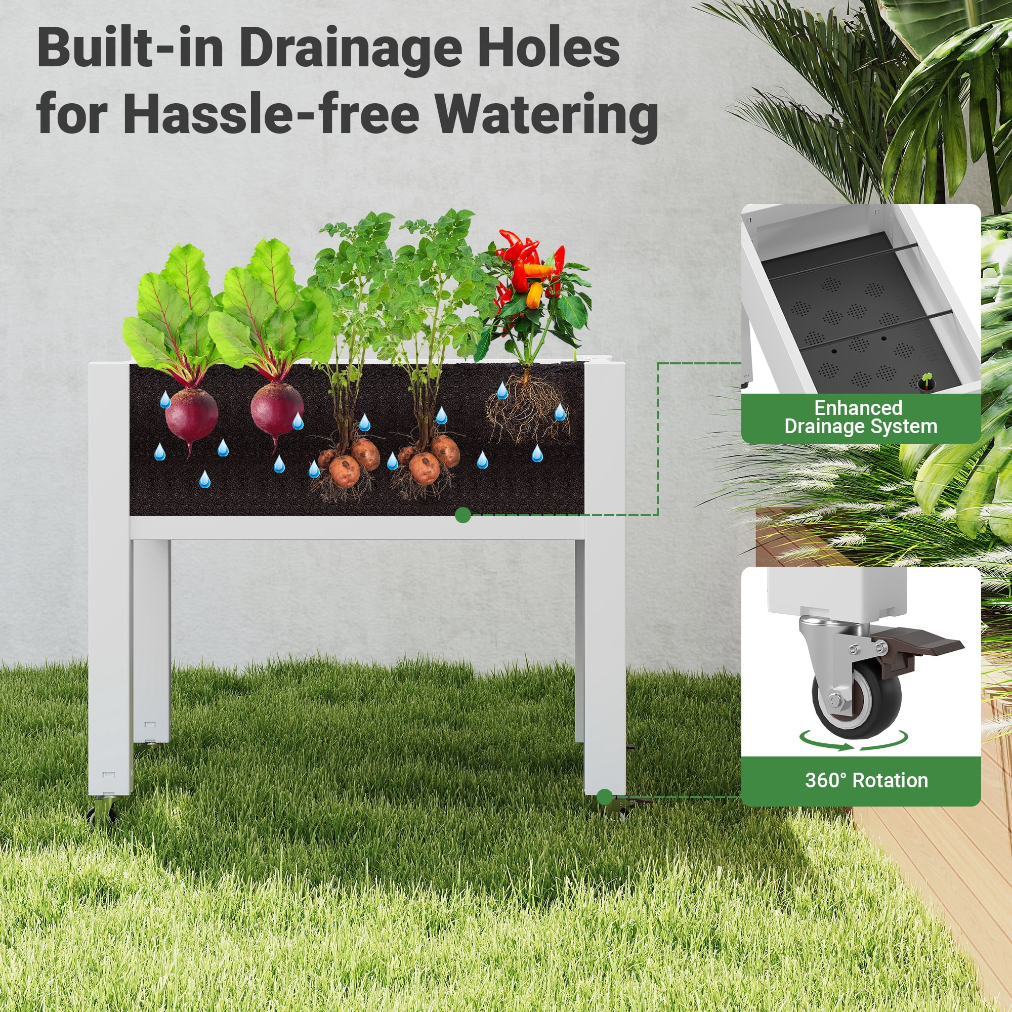 Nihsuao 30in Large Raised Garden Bed with Wheels, Outdoor Elevated Planter with Weatherproof Resin, Effective Drainage for Backyard, Patio and Balcony, White