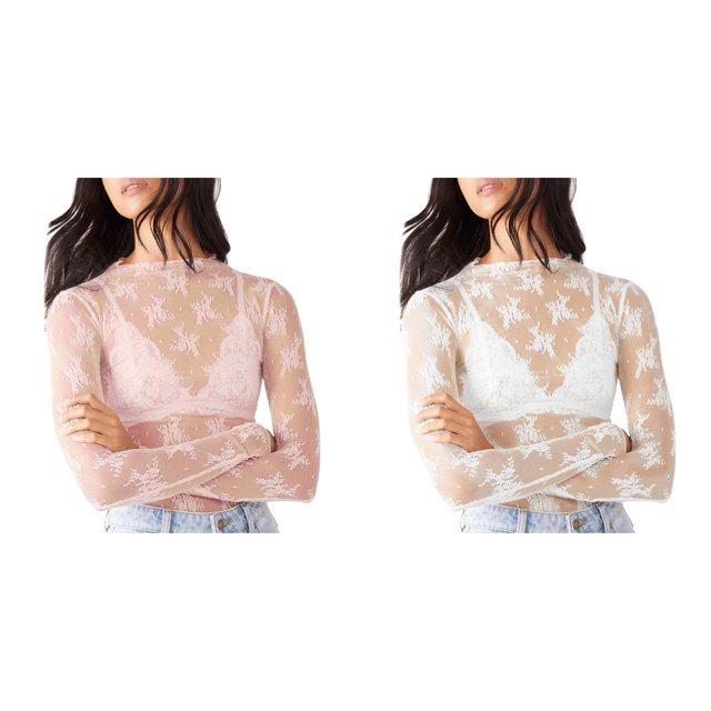 (2-Pack) Rinsvye Mesh Long Sleeve Layering Tee Shirts Women Top for Women Mock Women Shirts Compression Neck Floral Embroidery Sheer Jr Fall See Through Tee Shirt Ladies Shirt Long Sleeve Bl