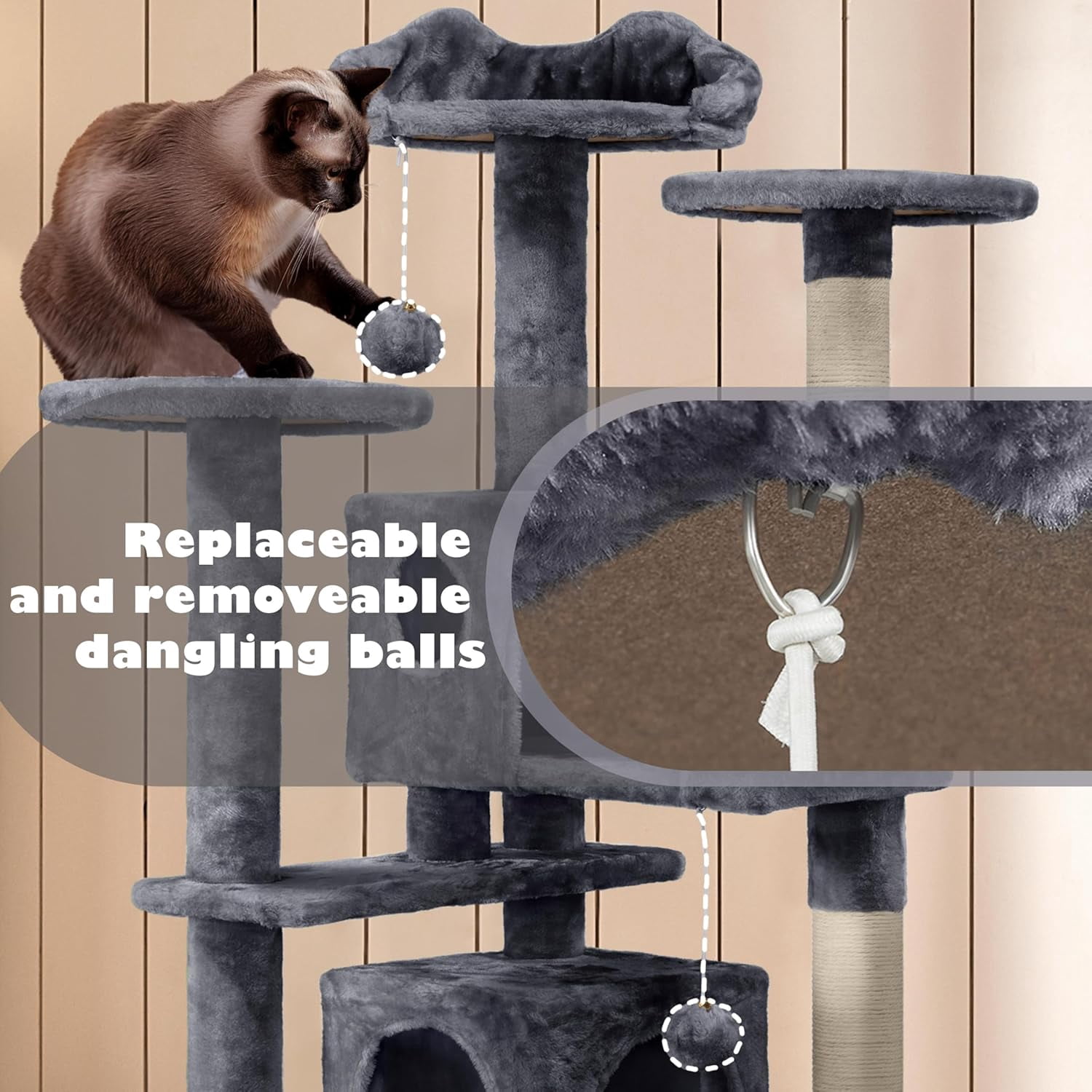 54in Cat Tree, Multi-Level Cat Tower with Spacious Kitten-ear Perch, 2 Cozy Caves, Scratching Posts, Climbing Ladder, 2 Plush Balls, Durable Pet House Furniture for Indoor Kittens, Dark Gray