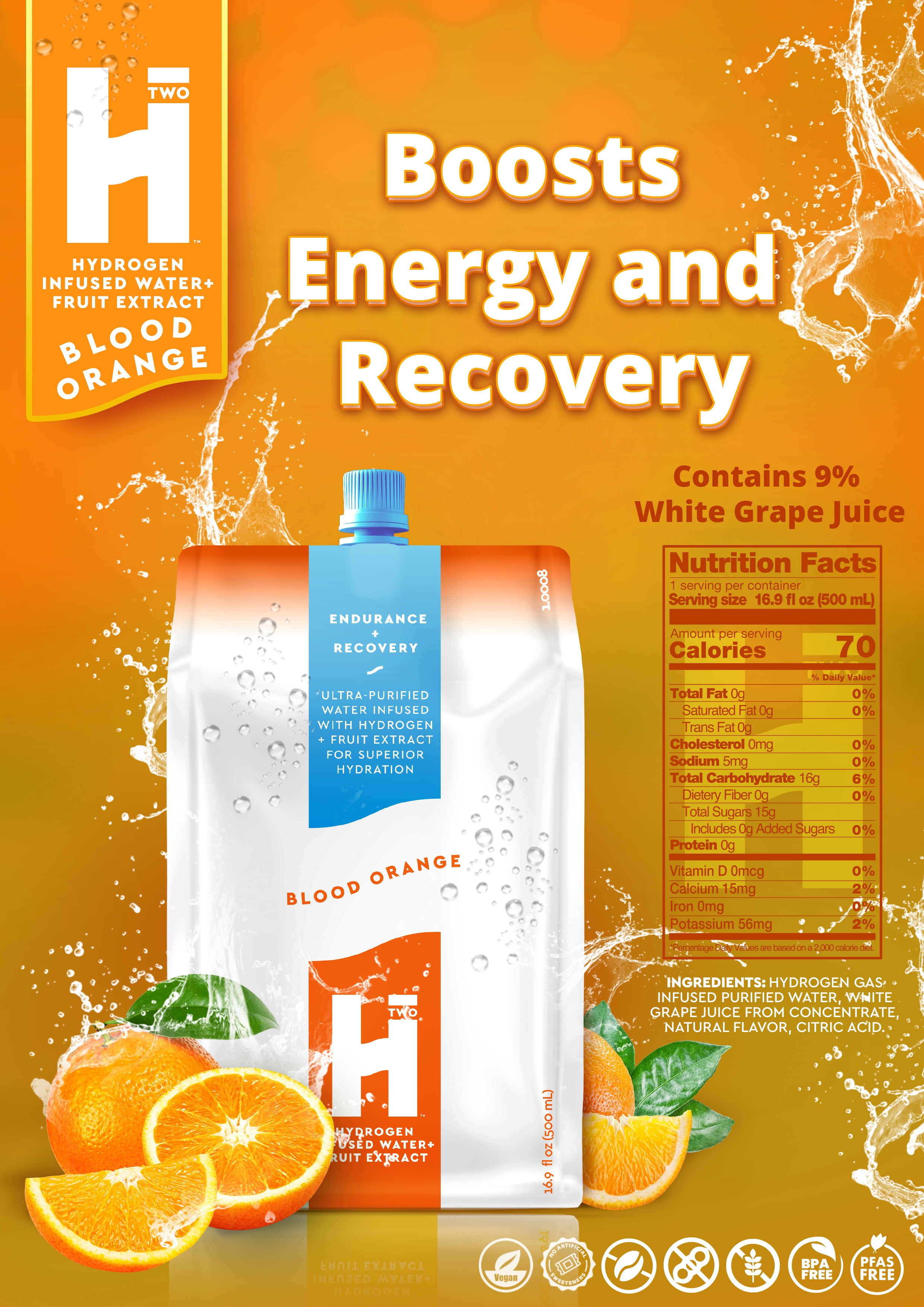 HTWO Blood Orange Hydrogen Infused Water 16.9 oz- We Make Water Tasty, Refreshing with Benefits with No Allergens 12 pack