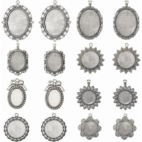 1 Box 16Pcs 8 Styles Silver Oval Bezel Pendant Trays Metal Tibetan Alloy Blank Base Cabochons Round Frame Tray Pendants for Jewelry Making Photo Findings Necklace DIY Craftings