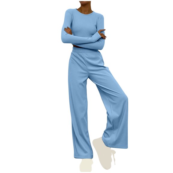 UAMVSH Women's 2 Piece Lounge Sets Ribbed Knit Long Sleeve Travel Outfits Slim Crewneck Crop Top Matching Wide Leg Pants Sets