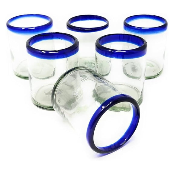Hand Blown Mexican Drinking Glasses - Set of 6 Glasses with Cobalt Blue Rims (10 oz each)