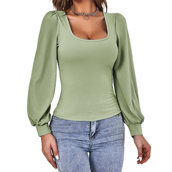 Women'S Square Neck Long Sleeve Tee Slim Elegant T Shirt Casual Top Light Green XL