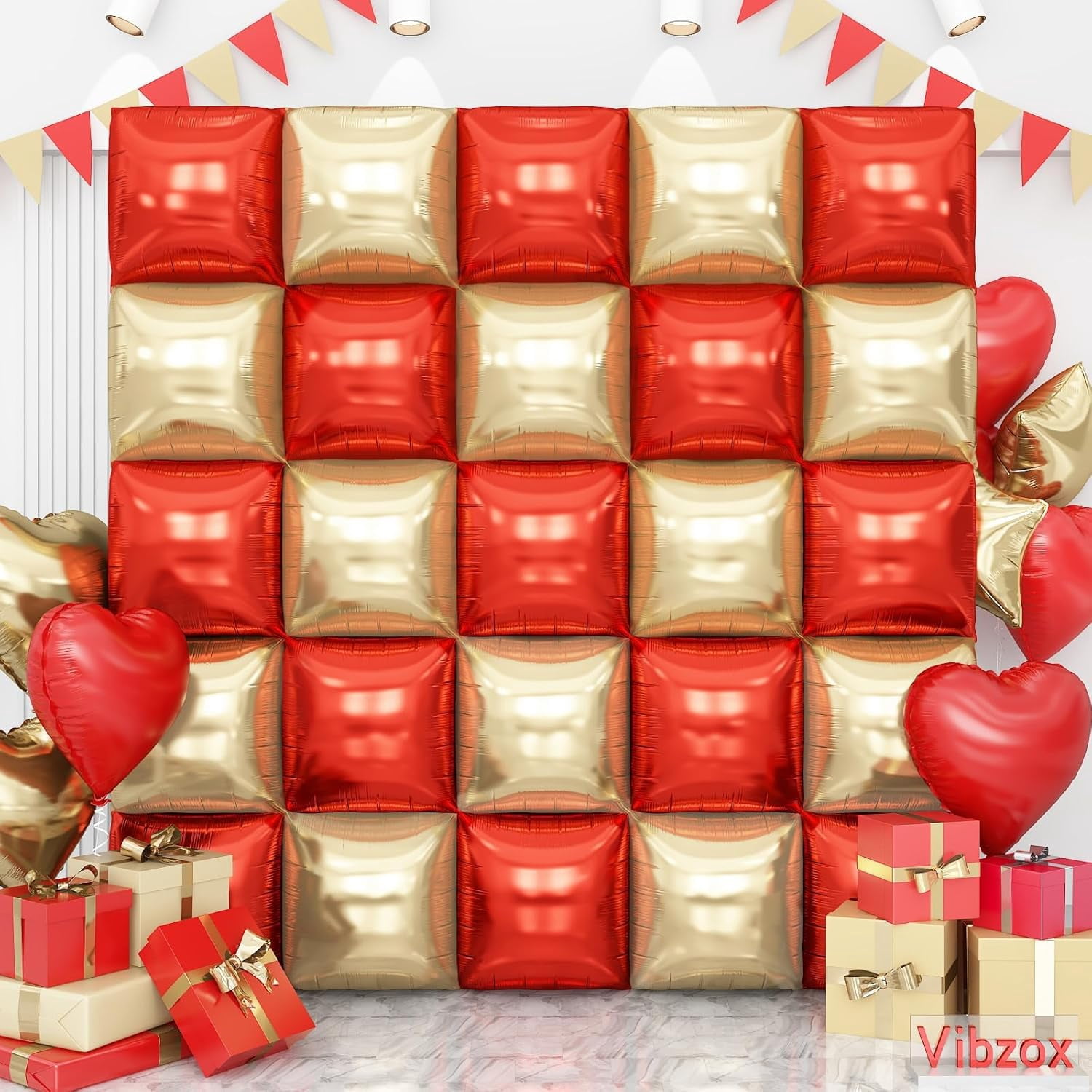 RGHJAR-Red and Gold Square Foil Balloons Wall, Double Sided Chrome Light Gold and Red Balloons Tunnel Arch Kit Backdrop for New Year 2026 Birthday Graduation Wedding Valentine's Day Party Decorations