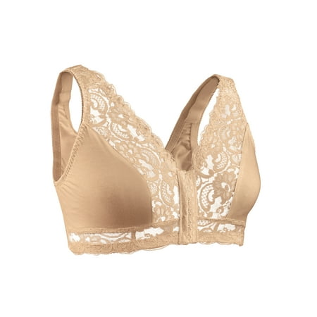 

Lace Trim Front Hook Closure Polyester Bra | Wide Straps B-DD Cups | Hand Wash | Polyester Cotton Nylon Spandex Lace