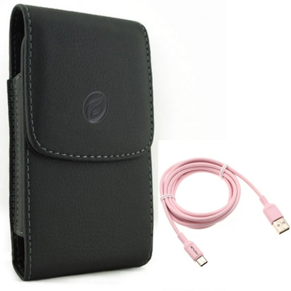 Pink 6ft USB-C Cable w Leather Case Belt Clip for Samsung Galaxy A73 5G,A13 5G,A03s Phones - Charger Cord Power Wire Type-C, Holster Cover Pouch Vertical