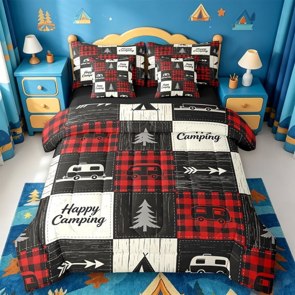 Catabedysis Geometric Grid Camping 7-Piece Twin Bedding,Happy Camping Patchwork Print Bedding Comforter Set For Boys,Multicolor,Black Reversible