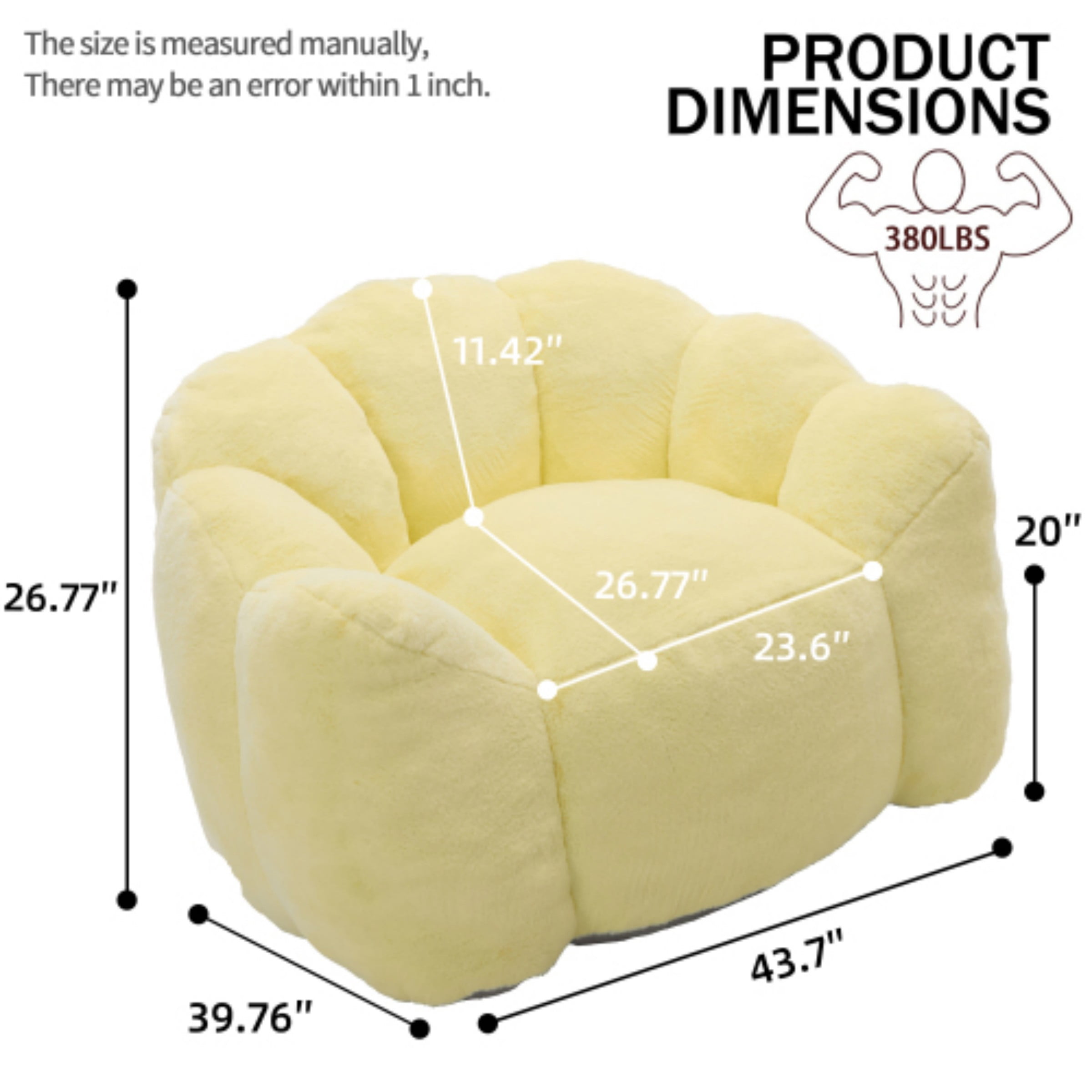 Lotus Bean Bag Sofa Chair for Adults, Memory Foam Lounge Chair with Pull Ring, Lazy Floor Sofa for Living Room Bedroom, Yellow