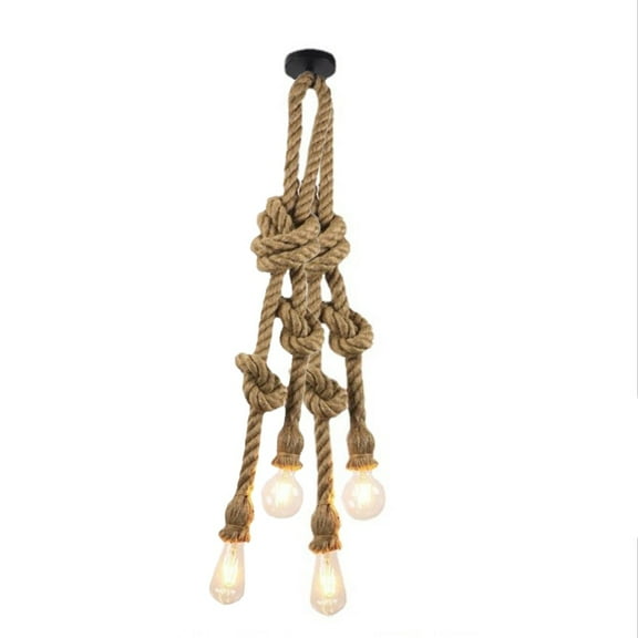Vintage Rustic Chandelier 4 Head LED Pendant Lamp Natural Hemp Rope E27 Stand