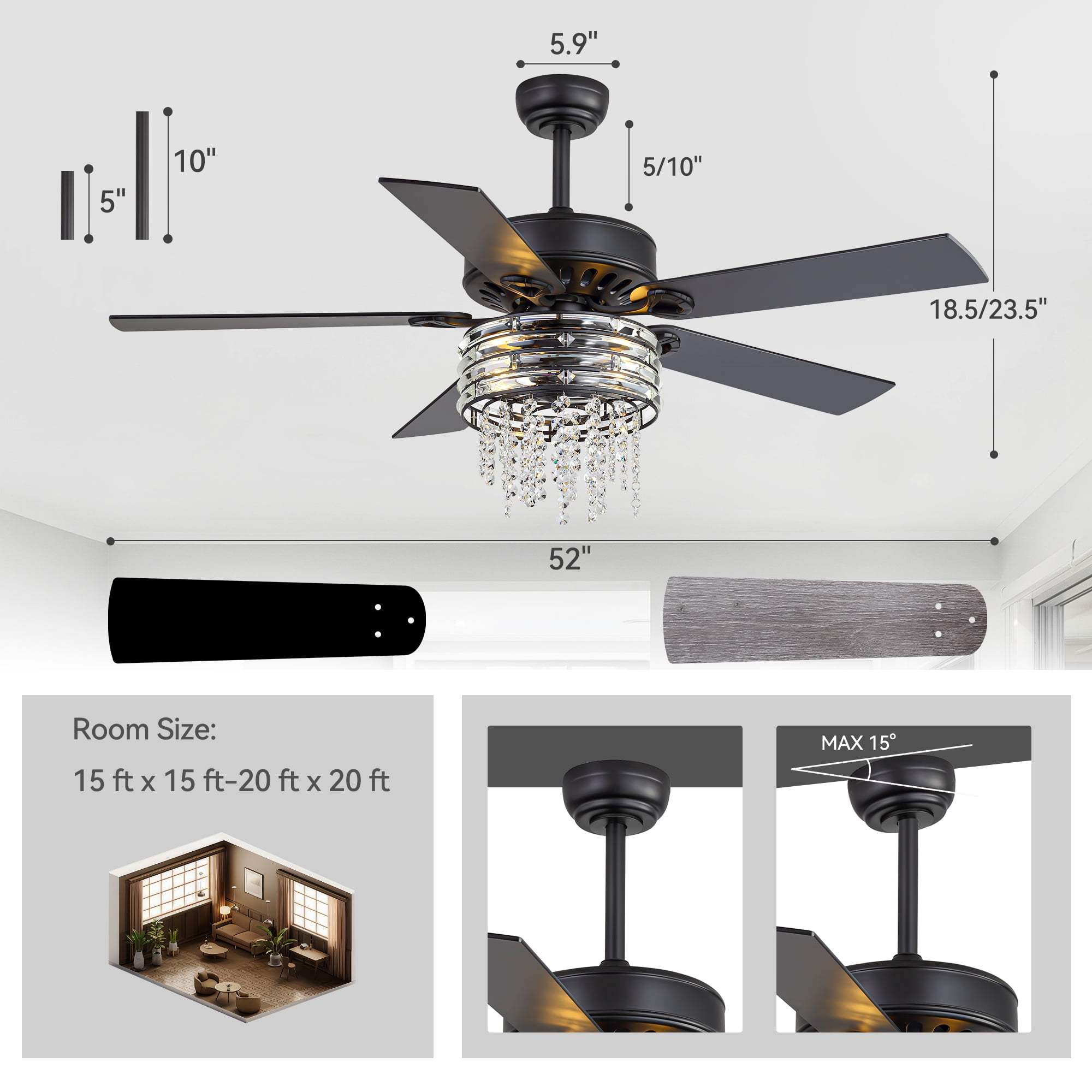 ALKAFY 52 inch Matte Black Ceiling Fan with Lights - 5 Dual-Sided Plywood Blades, 6 Speeds, Remote, for Bedroom & Living Room