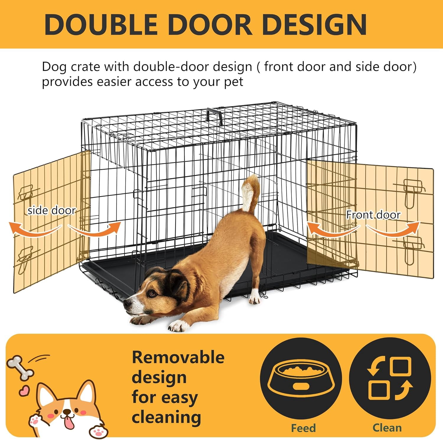 Folding 36" Dog Crate for Medium Dogs, Double Door Metal Wire Kennel with Removable Tray & Divider