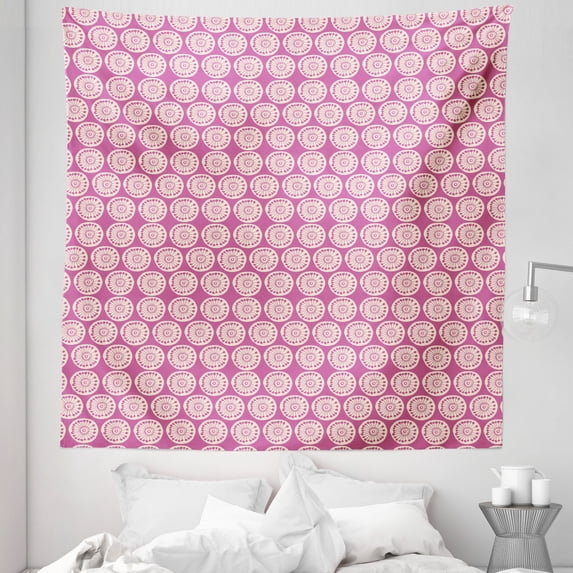 Circles Tapestry, Pattern of Deformed Circles in Repeat with Doodle Geometric Lines Round Spots, Fabric Wall Hanging Decor for Bedroom Living Room Dorm, 5 Sizes, Magenta and Cream, by Ambesonne
