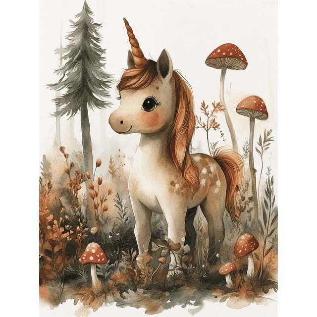 Qisvanset Framed Canvas Wall Art, 12x16 Inch Boho Unicorn Mushroom Woodland Nursery Art