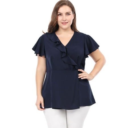 Ruffle Neck Wrap - Unique Bargains Women's Plus Size Ruffle Design V Neck Wrap Blouse