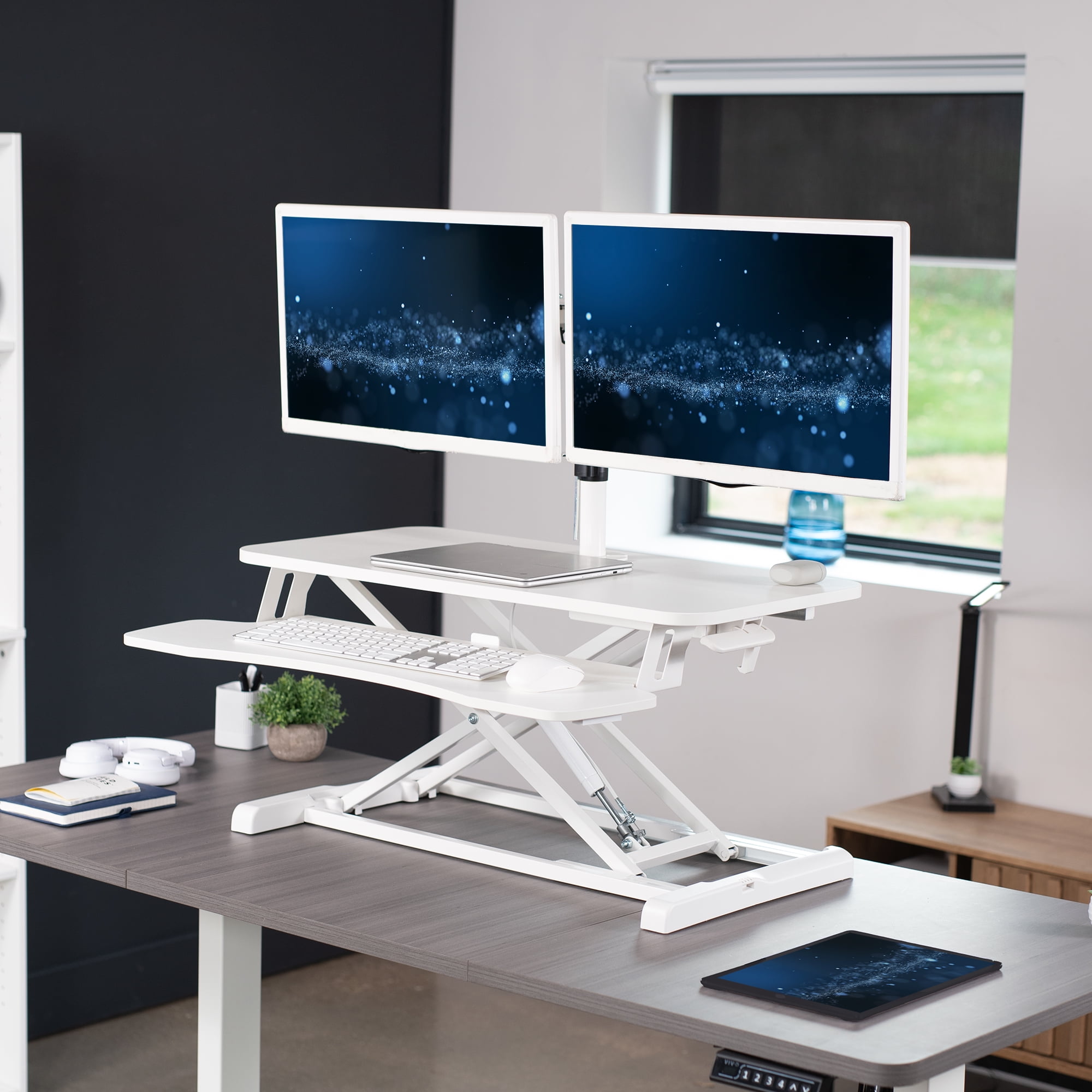 VIVO White 32" Standing Desk Riser with Adjustable Dual 13" to 30" Monitor Mount