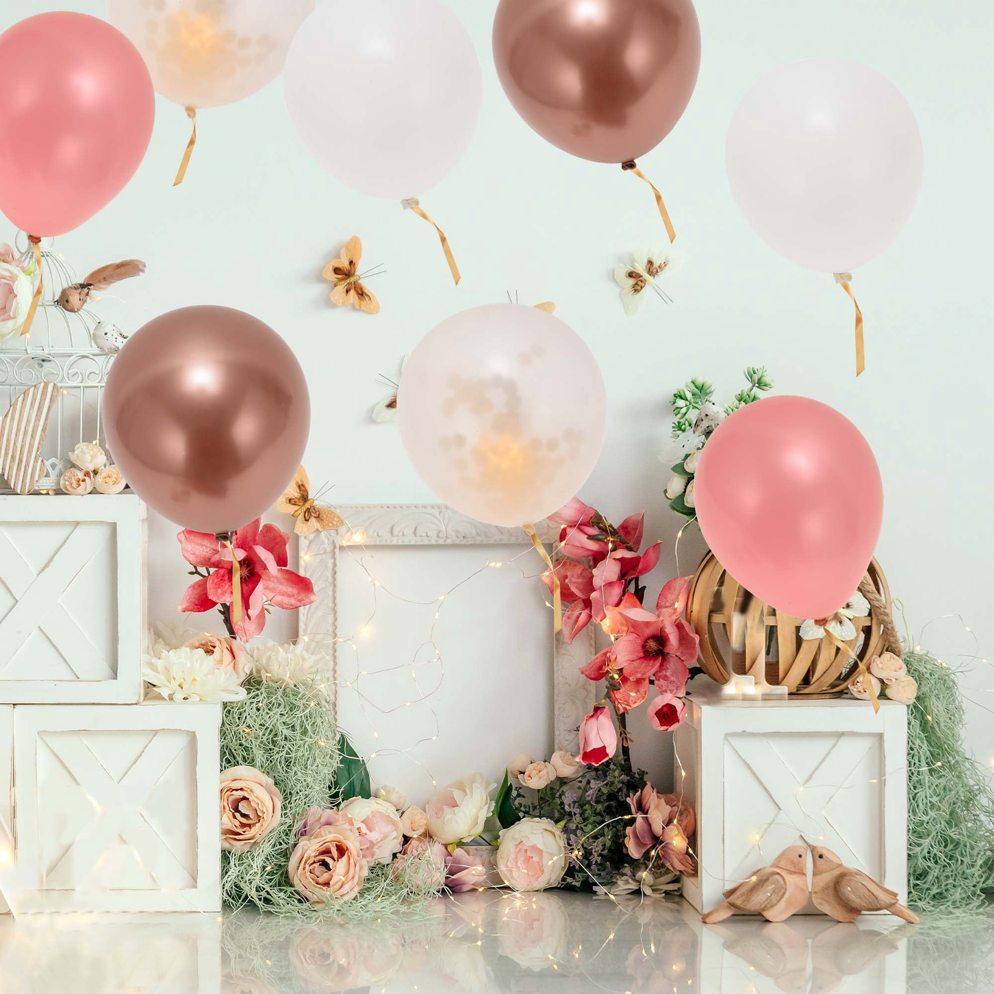 Unique Bargains Latex Party Balloons with Ribbon Pink Gold White Pink 12Inch 60Pcs