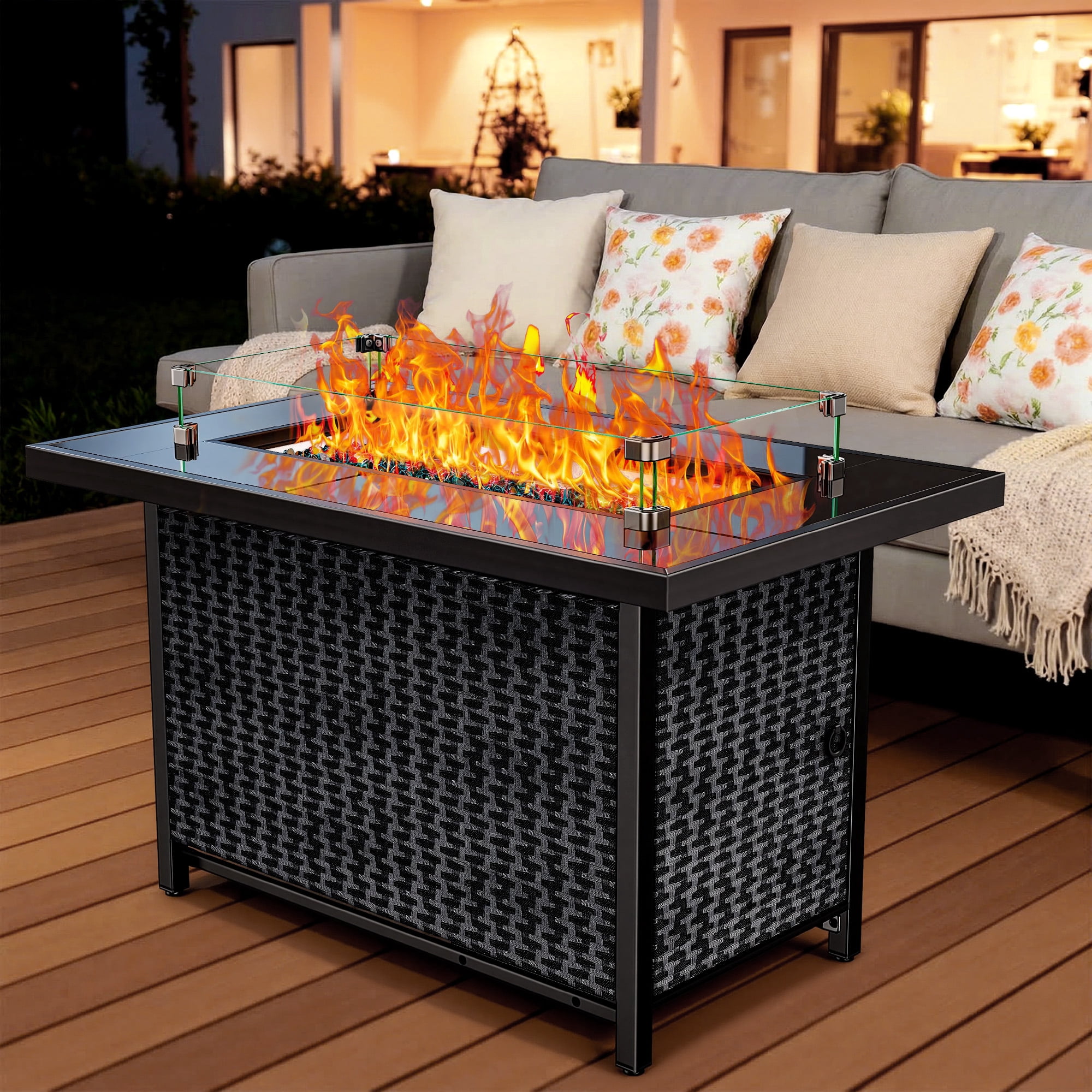 Philergo 43" Propane Fire Pit Table with Tempered Glass Tabletop, 60,000 BTU Rectangular Gas Fire Pit with Blue Glass Rocks, Wind Guard and Lid for Outdoor, Patio, CSA-Listed, Adjustable Feet Pad