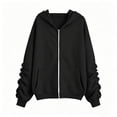 thumbnail image 5 of Girls Solid Color Ruched Sleeve Zip Up Hoodie Jacket, Casual Fleece Lined Pocket Hooded Sweatshirt for Kids Fall Winter Daily Wear(Black,8-9 Years), 5 of 5