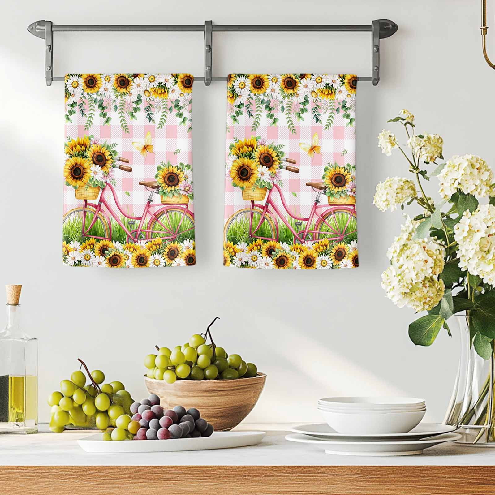 Spring Kitchen Towels Set of 2, Bicycles Blossom Botanical Sunflowers Pink Plaid Absorbent Dish Towels for Kitchen, Microfiber Hand Towel, Quick Drying Tea Towel for Cleaning Decorative Dishcloths