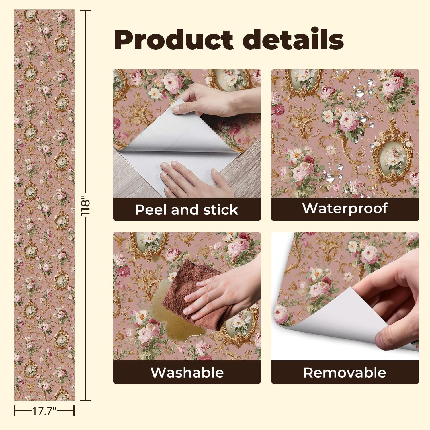 Peel and Stick Wallpaper Vintage Floral Gold Frames Soft Pink Wall Mural 17.7in x 9.8ft Self Adhesive Removable Wall Paper Renter Friendly Wallpaper for Bedroom