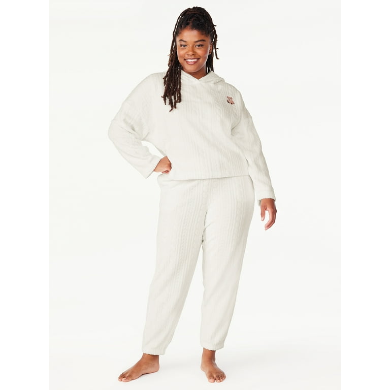 Joyspun Women's Plush Hooded Top and Pants, 2-Piece Pajama Set