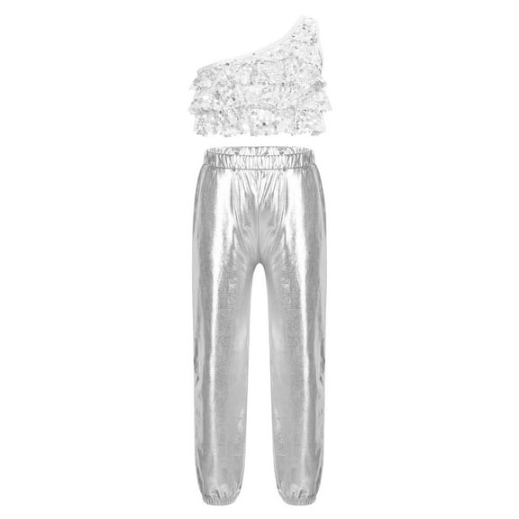 Alvivi Girls Hip Hop Dance Outfits Tiered Ruffle Crop Top with Pants Set Stage Performance Costume Silver 12