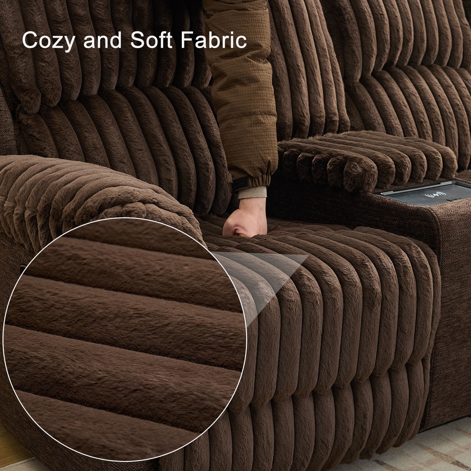 Comfort Stretch Power Recliner Sectional Faux Fur Sofa with Wireless Charging USB Type-C Ports Storage Console 2 Pillows Brown