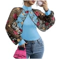 thumbnail image 3 of Uootdi Womens Sheer Floral Embroidered Block Tops Stand Collar Balloon Sleeves Cropped Boleros Casual Evening Wear Chic Outfit Gift, 3 of 6