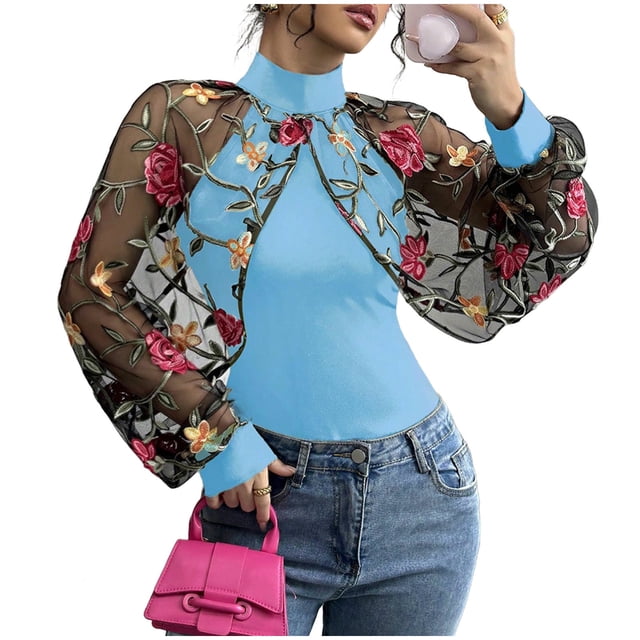 Haut en Dentelle Brodée pour Femme, Blouse à Manches Longues avec Patchwork Floral, Chemise Mode Décontractée à Col Rond pour Usage Quotidien, Maison Ou Sortie au Bureau