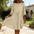 thumbnail image 4 of FEIIBMOYRIA Women Round Neck Dresses Women's Cotton-Linen Blend Long Sleeve Midi Dresses Gathered 3/4 Sleeves High Waist Loose Comfy A‑Line Daily Outwear Dresses, 4 of 6