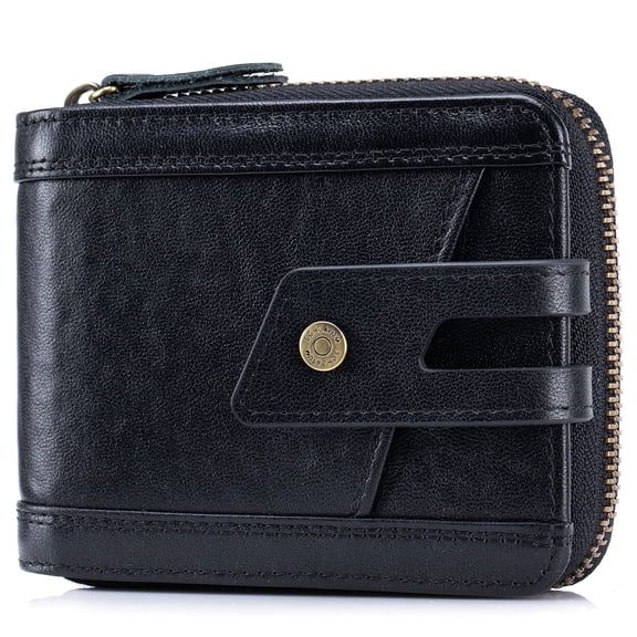 Zipper Wallet for Men Large Capacity RFID Blocking Genuine Leather Vintage Wallet with Coin Pocket ID Window, Black