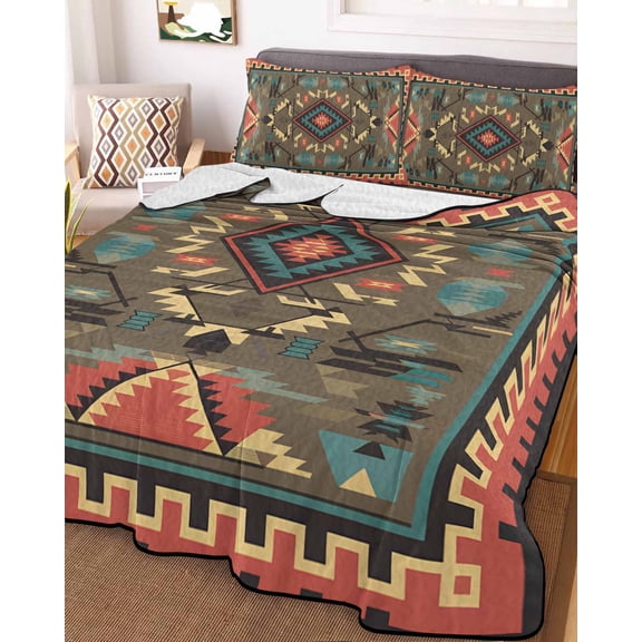 Vintage Southwest Twin Size Down Alternative Comforter, Lightweight Comforter Quilt Bedding Set with Pillow Shams Ethnic Modern Geometric All Seasons Bed Comforter Duvet Insert 68"x86"