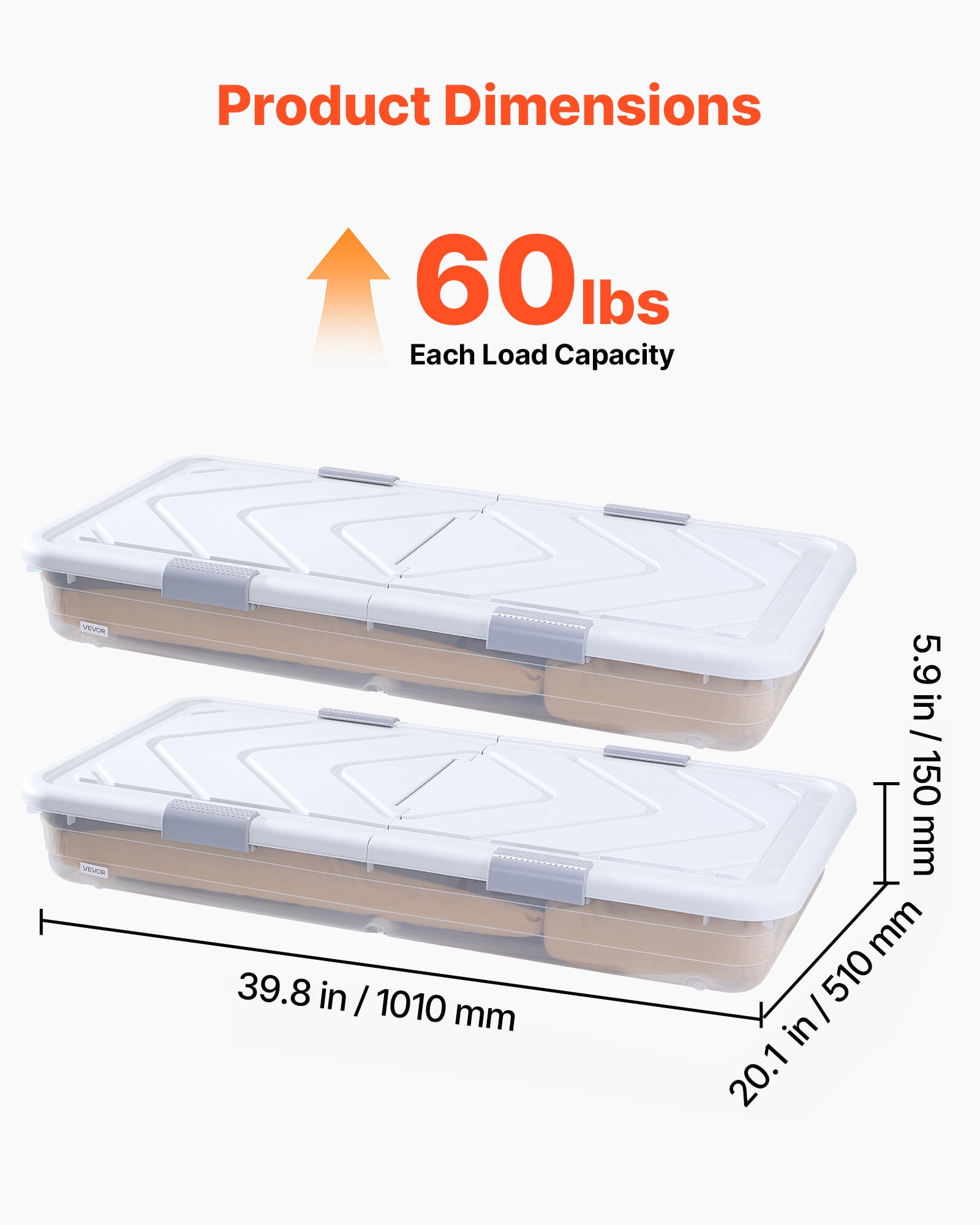 VEVOR Under Bed Storage with Wheels, 39.8 x 20.1 x 5.9 inch Underbed Containers, Underbed Shoes Organizer with Lid & Gray Latch, Rolling Under the Bed Storage Bins for Clothes Shoes Blankets, 2 Pack