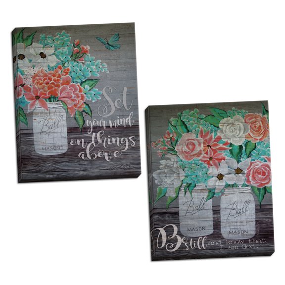 Gango Home Decor Country-Rustic Be Still and Know that I am God & Set Your Mind on Things Above by Cindy Jacobs (Ready to Hang); Two 12x16in Hand-Stretched Canvases