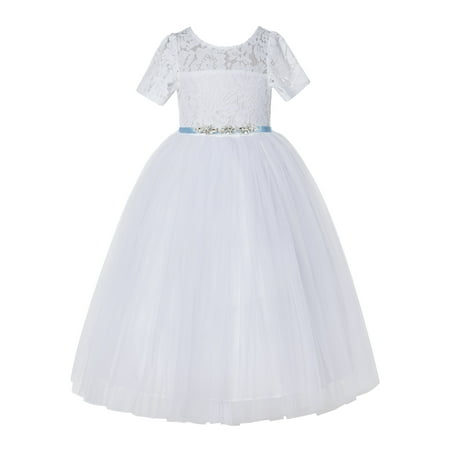 

White Floral Lace Tulle Flower Girl Dresses Christening Gown LG2R4