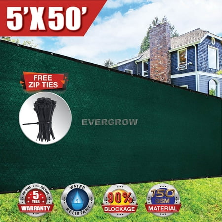 EVERGROW® 5' x 50' Dark Green Fence Privacy Screen Windscreen Shade Fabric Mesh Tarp Mesh Brass Grommets FREE Zip Ties with 5 Years Warranty 90% UV Blockage (Best Plants For Privacy Fence)